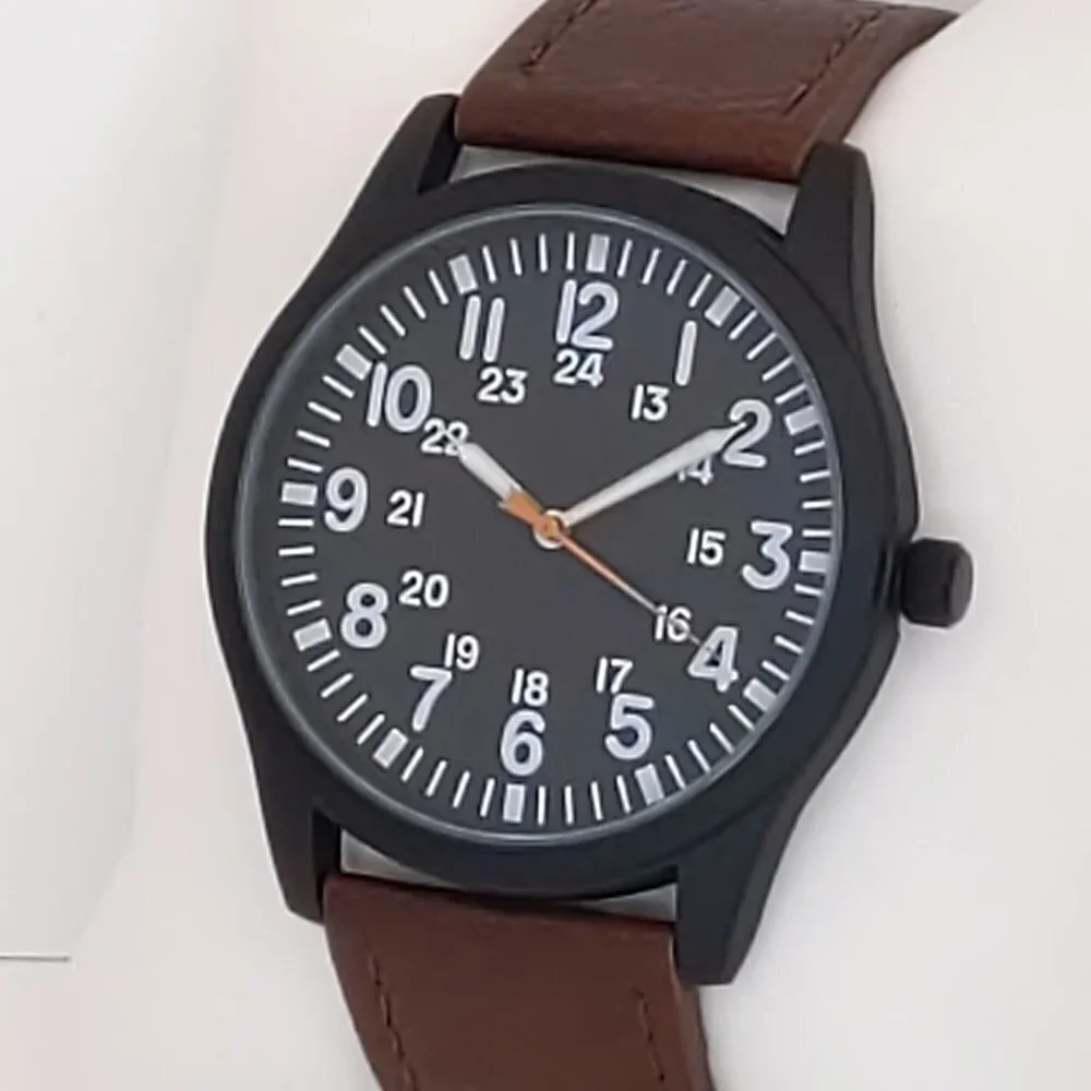 Men's Quartz Field Watch Black Case Brown Leather Strap 42mm